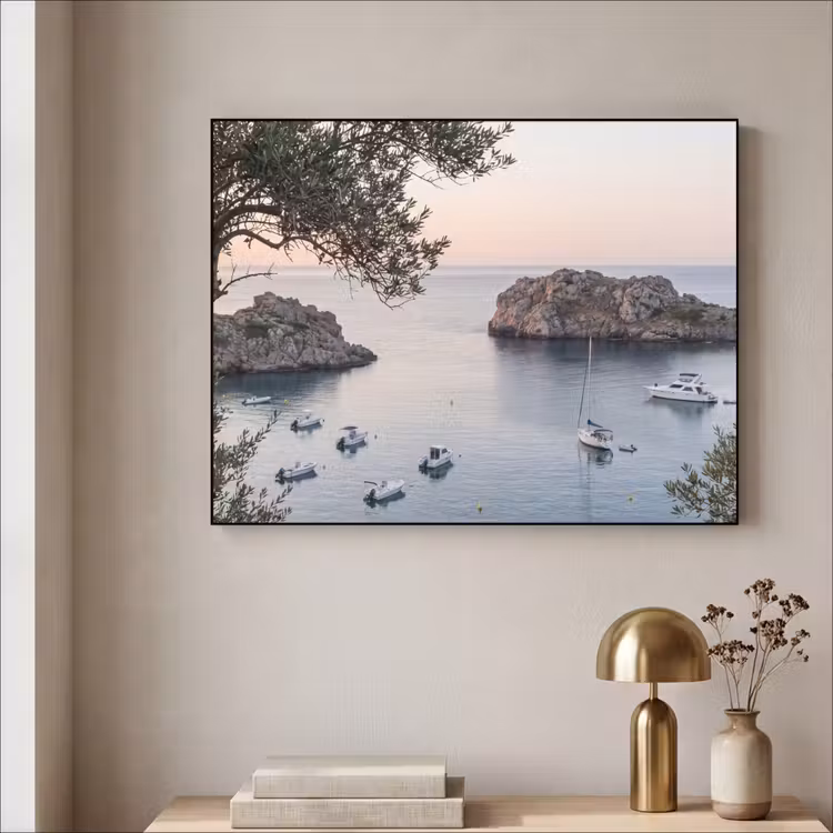 Art Frame - Bay - boats - sunset - Baai - boten - zonsondergang Textielframe zwart klein