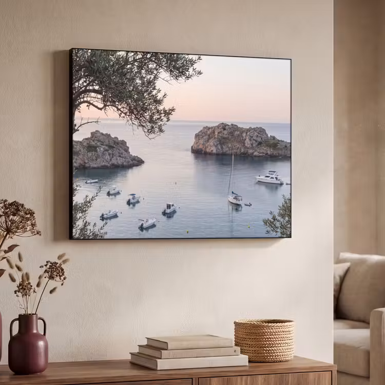 Art Frame - Bay - boats - sunset - Baai - boten - zonsondergang Textielframe zwart klein