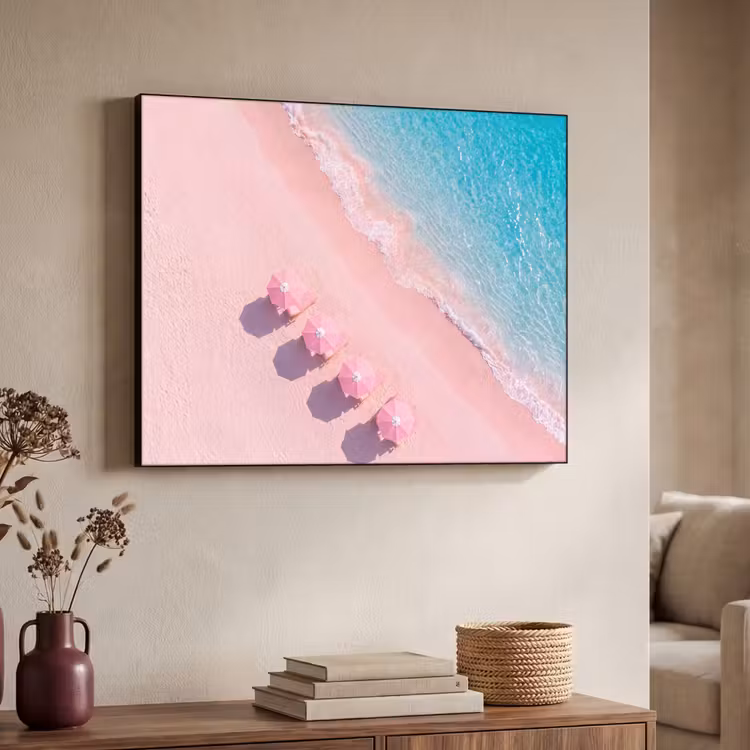Strand - Roze zand - Zee - Zomer - Natuur Textielframe zwart klein -sfeer3
