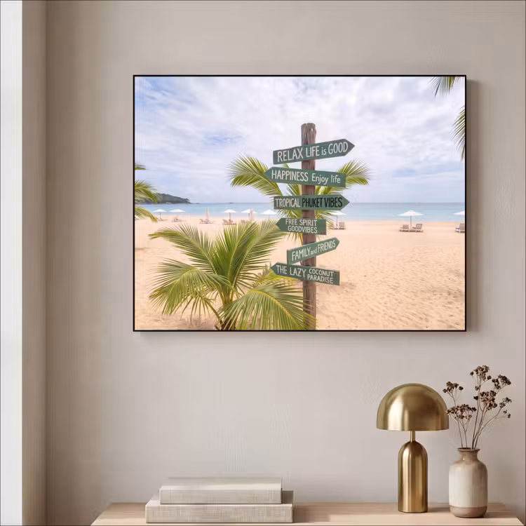 Strand - Wegwijzer - Palmen - Tropisch - Groen Textielframe zwart klein -sfeer2