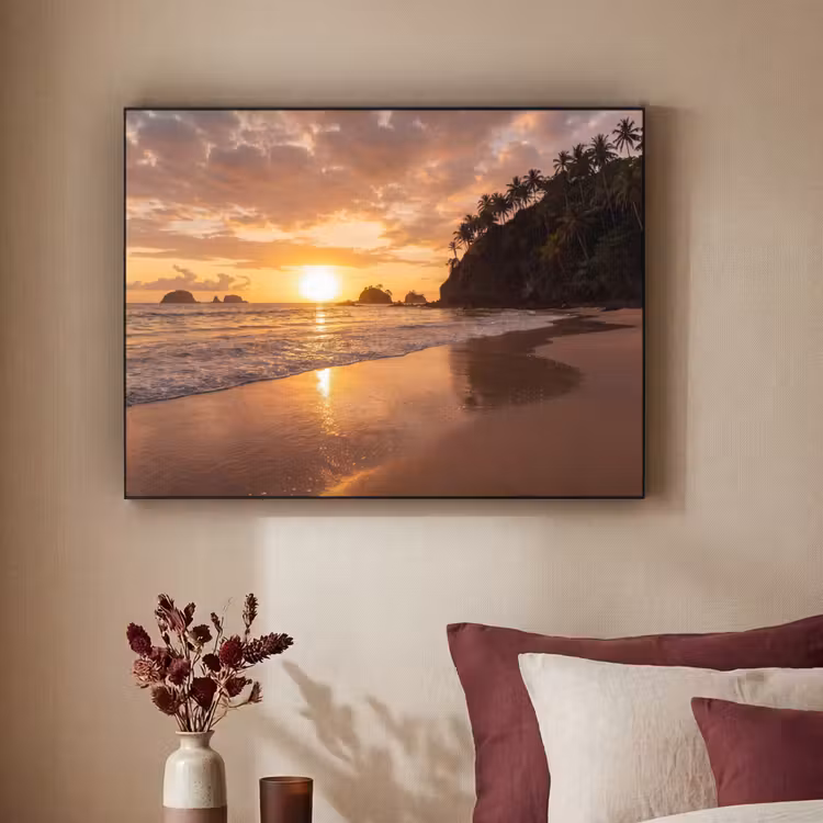 Strand - Zonsondergang - Natuur - Tropisch - Oranje Textielframe zwart klein -sfeer1
