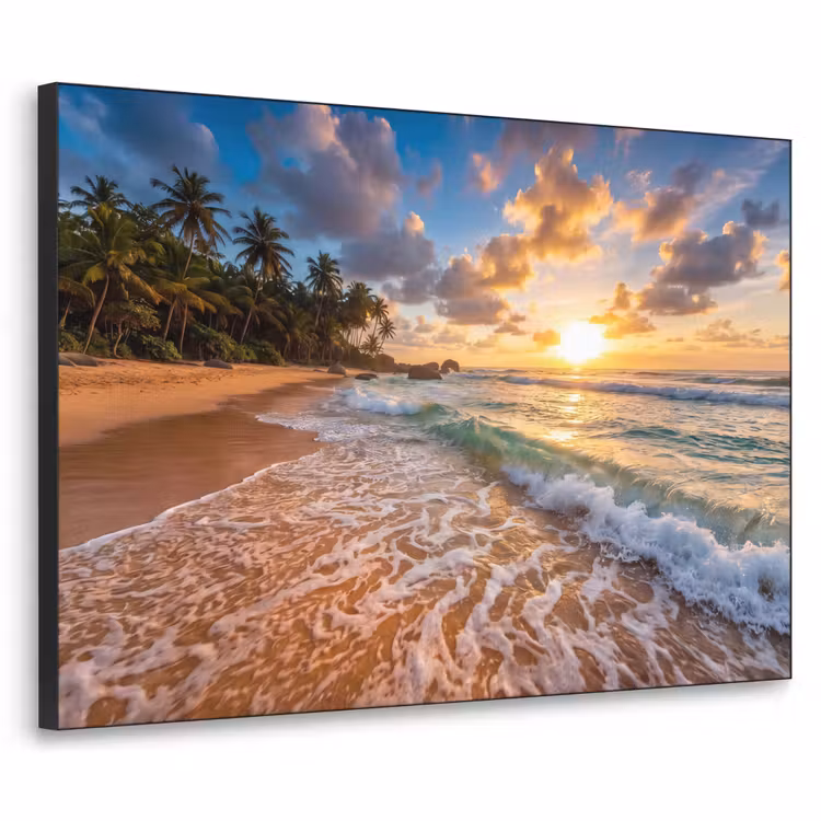 Strand - Zonsondergang - Golven - Natuur - Goud Textielframe zwart klein -3d