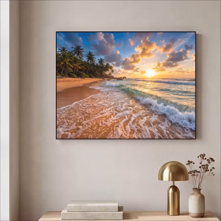 Strand - Zonsondergang - Golven - Natuur - Goud Textielframe zwart klein -sfeer2