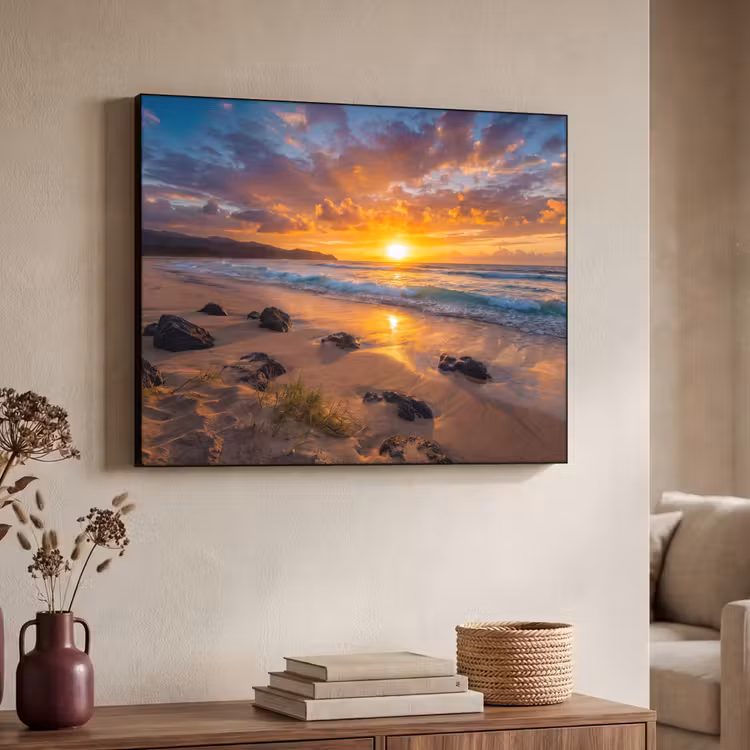 Strand - Zonsondergang - Golven - Natuur - Oranje Textielframe zwart klein -sfeer3