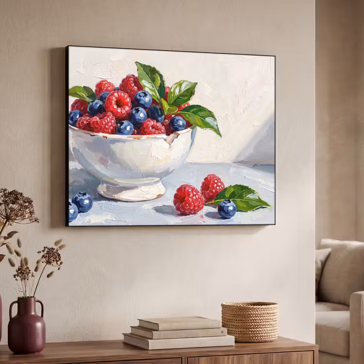 Art Frame - Berries - Bowl - Food - Bessen - Kom - Eten Textielframe zwart klein