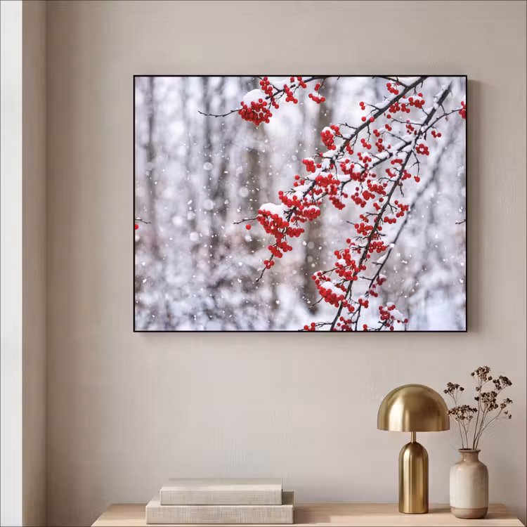 Bessen - Takken - Sneeuw - Winter - Kleurrijk Textielframe zwart klein -sfeer2