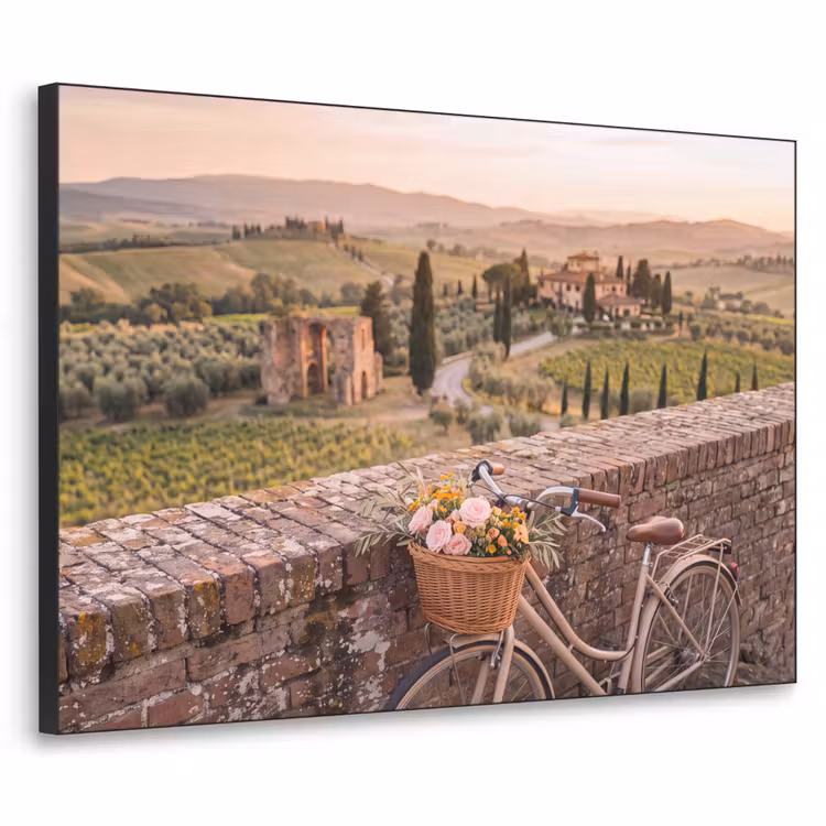 Fiets - Bloemen - Toscane - Landschap - Roze Textielframe zwart klein -3d