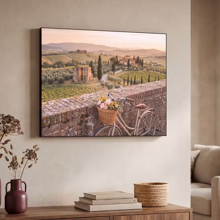 Fiets - Bloemen - Toscane - Landschap - Roze Textielframe zwart klein -sfeer3
