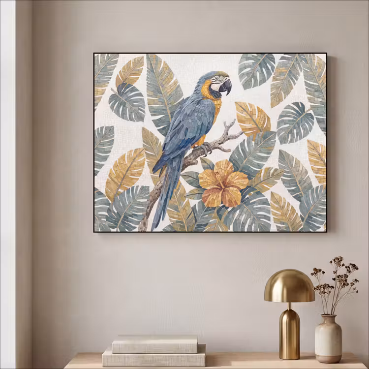 Vogel - Tak - Natuur - Mozaïek - Blauw Textielframe zwart klein -sfeer2
