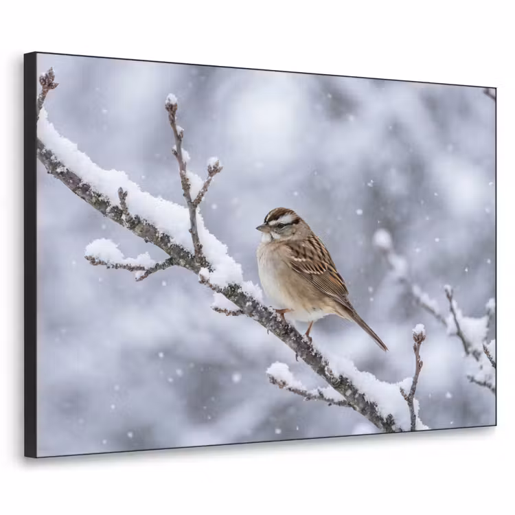 Vogel - Tak - Sneeuw - Winter Textielframe zwart klein -3d