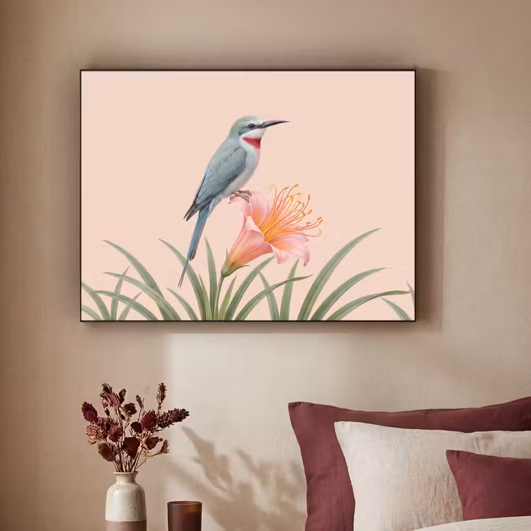 Vogel - Bloem - Natuur - Roze Textielframe zwart klein -sfeer1