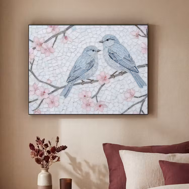 Vogel - Bloemen - Natuur - Mozaïek - Roze Textielframe zwart klein -sfeer1