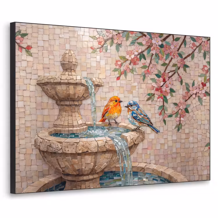 Vogel - fontein - mozaiek - kleurrijk - dieren Textielframe zwart klein -3d