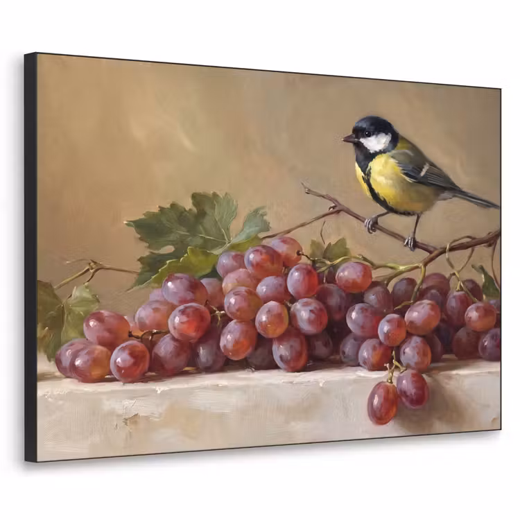 Art Frame - Bird - Grapes - Still Life - Vogel - Druiven - Stilleven Textielframe zwart klein