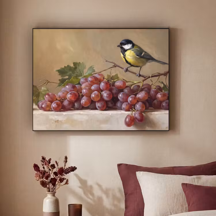 Art Frame - Bird - Grapes - Still Life - Vogel - Druiven - Stilleven Textielframe zwart klein