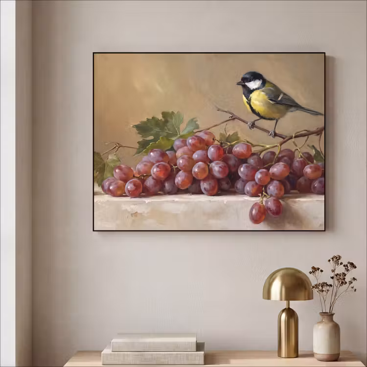 Art Frame - Bird - Grapes - Still Life - Vogel - Druiven - Stilleven Textielframe zwart klein