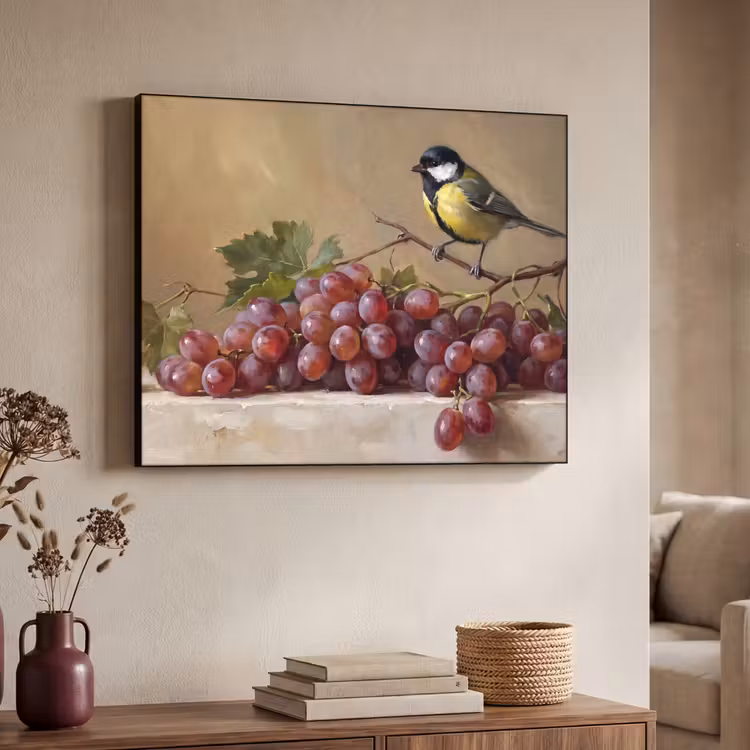 Art Frame - Bird - Grapes - Still Life - Vogel - Druiven - Stilleven Textielframe zwart klein