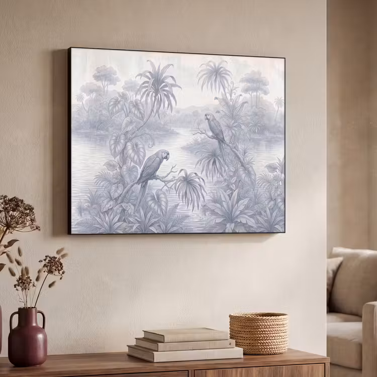 Vogel - Rivier - Tropisch - Illustratie - Blauw Textielframe zwart klein -sfeer3
