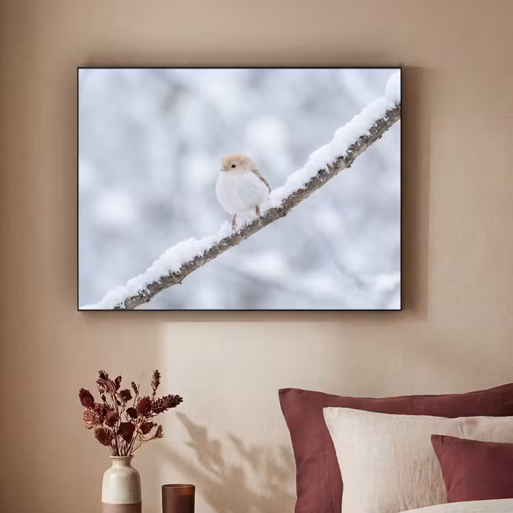 Vogeltje - Sneeuw - Tak - Winter - Zacht Textielframe zwart klein -sfeer1