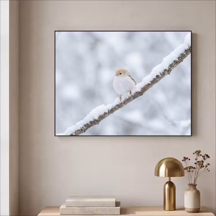 Vogeltje - Sneeuw - Tak - Winter - Zacht Textielframe zwart klein -sfeer2