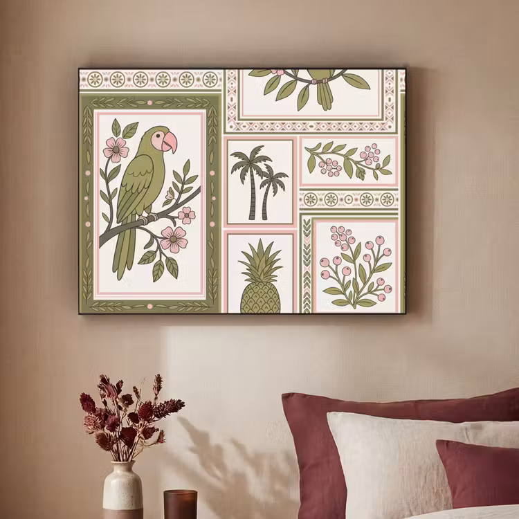 Vogel - Tropisch - Patroon - Decoratief - Groen Textielframe zwart klein -sfeer1