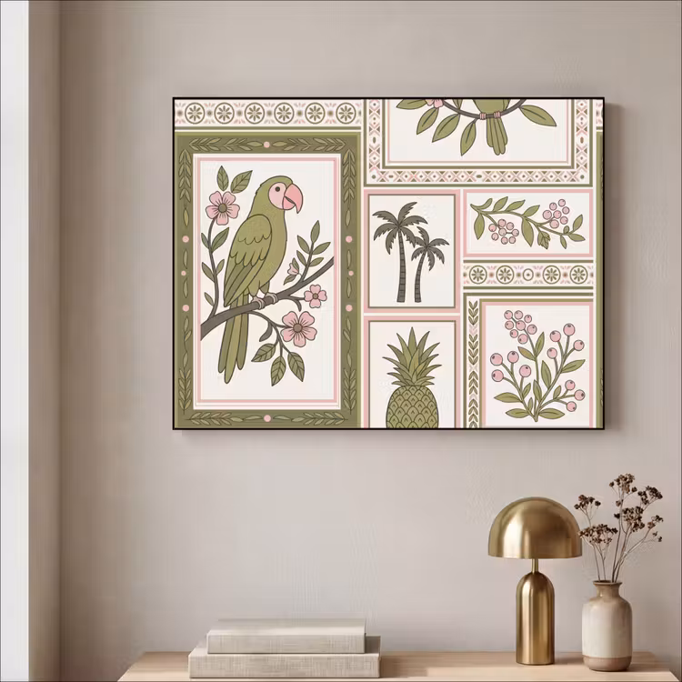 Vogel - Tropisch - Patroon - Decoratief - Groen Textielframe zwart klein -sfeer2