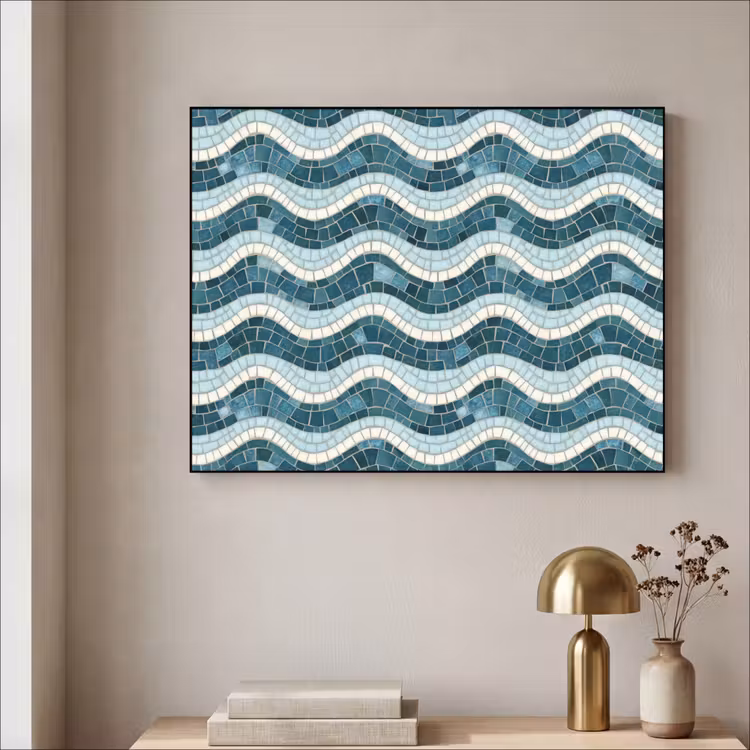 Blauw - Wit - Mozaïek - Golvend Textielframe zwart klein 947 -sfeer2