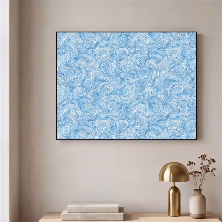Blauw - Wit - Spiraal - Golven - Lijnen Textielframe zwart klein 947 -sfeer2