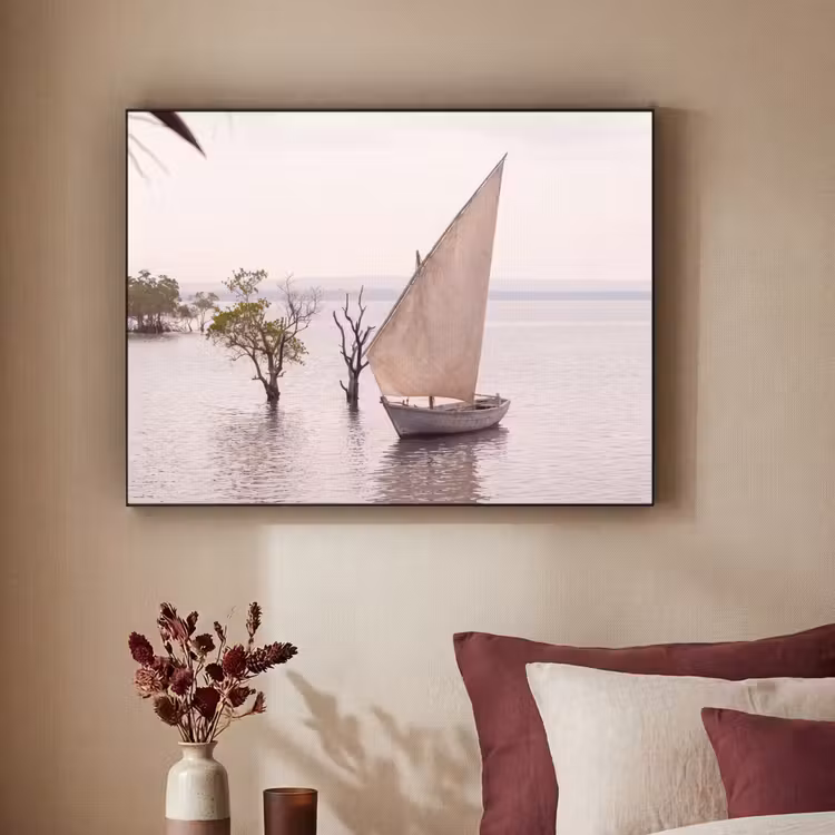 Boot - Zeil - Water - Tropisch - Natuur Textielframe zwart klein -sfeer1
