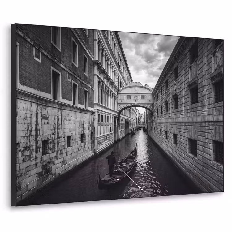 Boot - Waterweg - Stad - Zwart-wit - Architectuur Textielframe zwart klein -3d