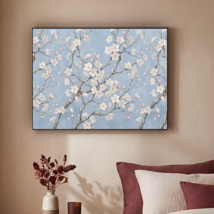 Takken - Kersenbloesem - Blauw Textielframe zwart klein -sfeer1