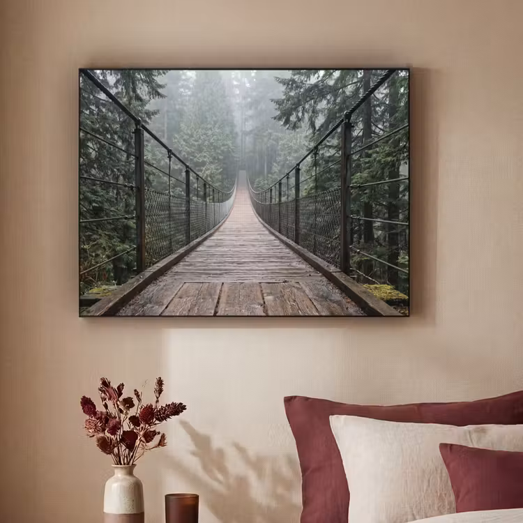Brug - Bos - Mist - Natuur Textielframe zwart klein -sfeer1