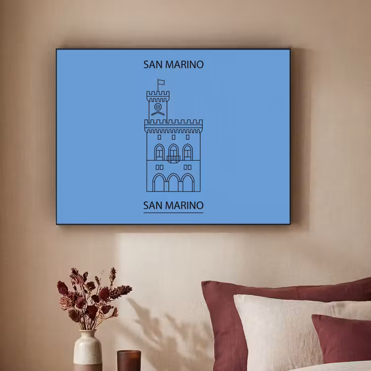 Gebouw - San Marino - Architectuur - Lijntekening - Blauw Textielframe zwart klein -sfeer1