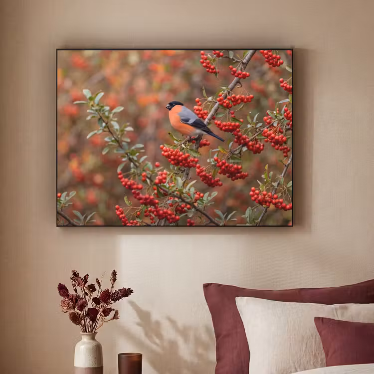 Goudvink - Bessen - Herfst - Natuur - Kleurrijk Textielframe zwart klein -sfeer1