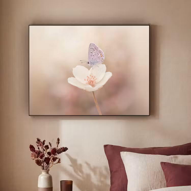 Vlinder - Bloem - Blauw Textielframe zwart klein -sfeer1