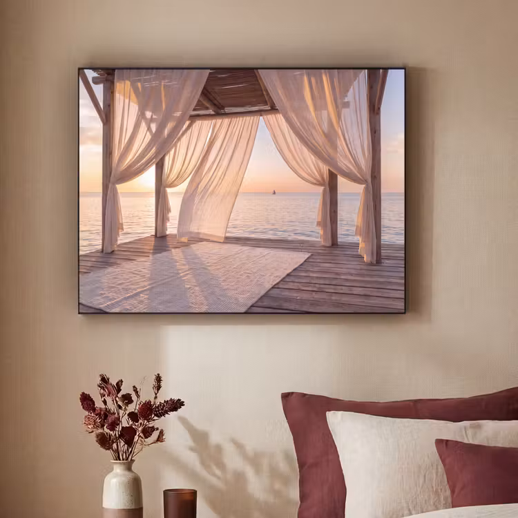 Overkapping - Zee - Zonsondergang - Vakantie - Rust Textielframe zwart klein -sfeer1