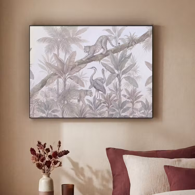 Kat - Vogel - Jungle - Illustratie - Dieren Textielframe zwart klein -sfeer1