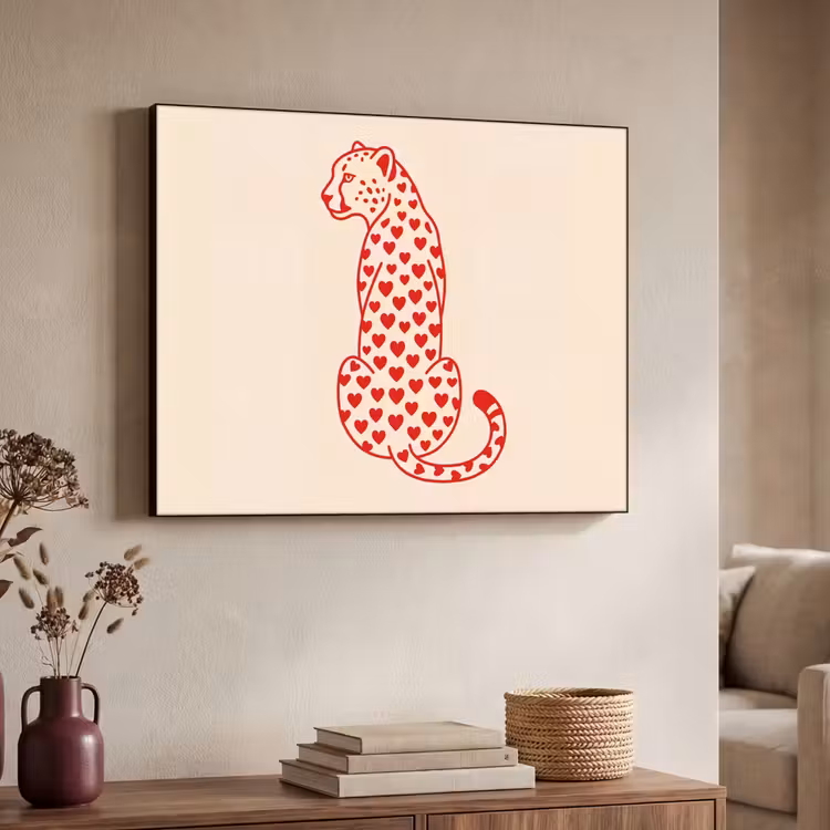 Kat - Harten - Dieren - Modern - Rood Textielframe zwart klein -sfeer3