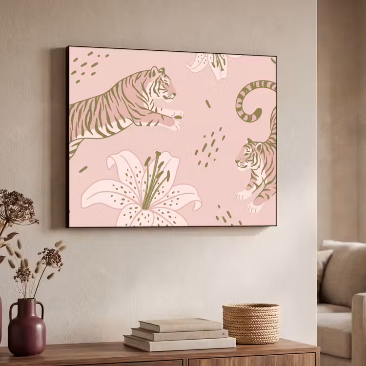 Kat - Springend - Bloemen - Abstract - Roze Textielframe zwart klein -sfeer3