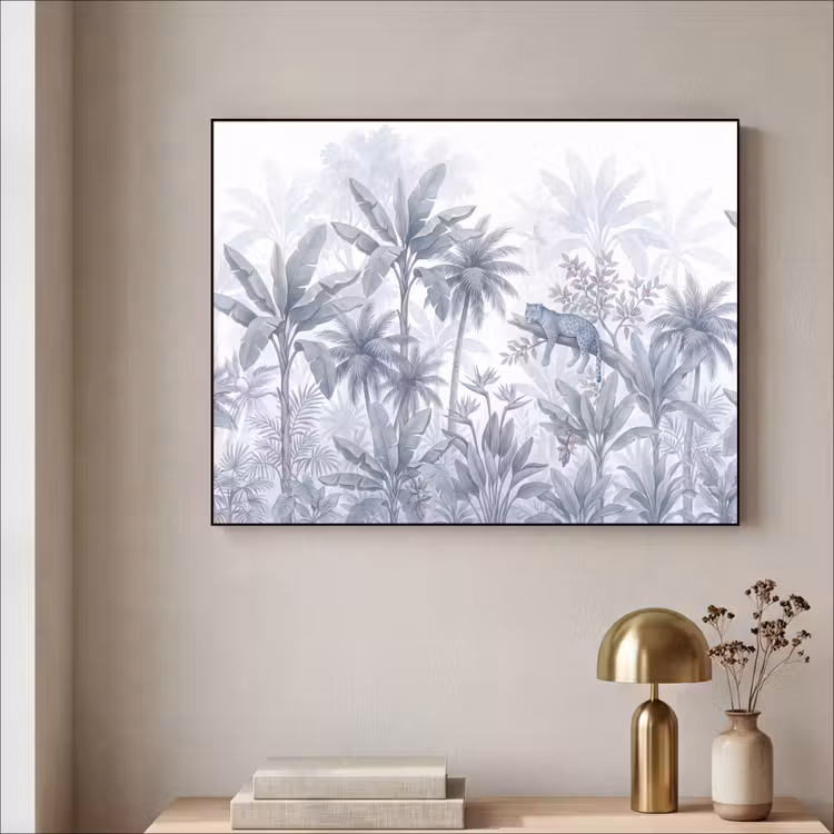 Kat - Tropisch bos - Modern - Grijs Textielframe zwart klein -sfeer2