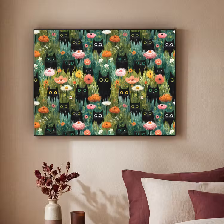 Katten - Bloemen - Kleurrijk Textielframe zwart klein 947 -sfeer1