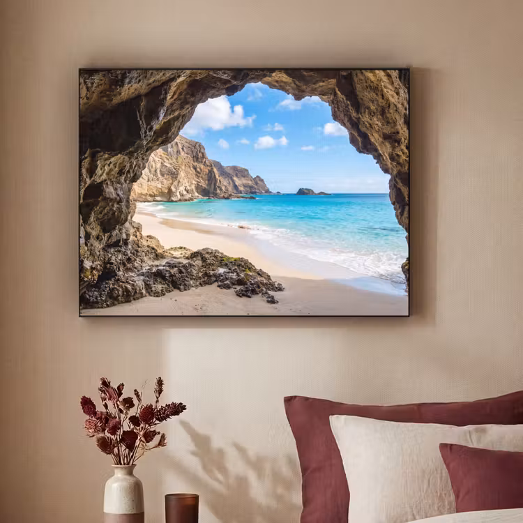 Grot - Strand - Zee - Blauw Textielframe zwart klein -sfeer1