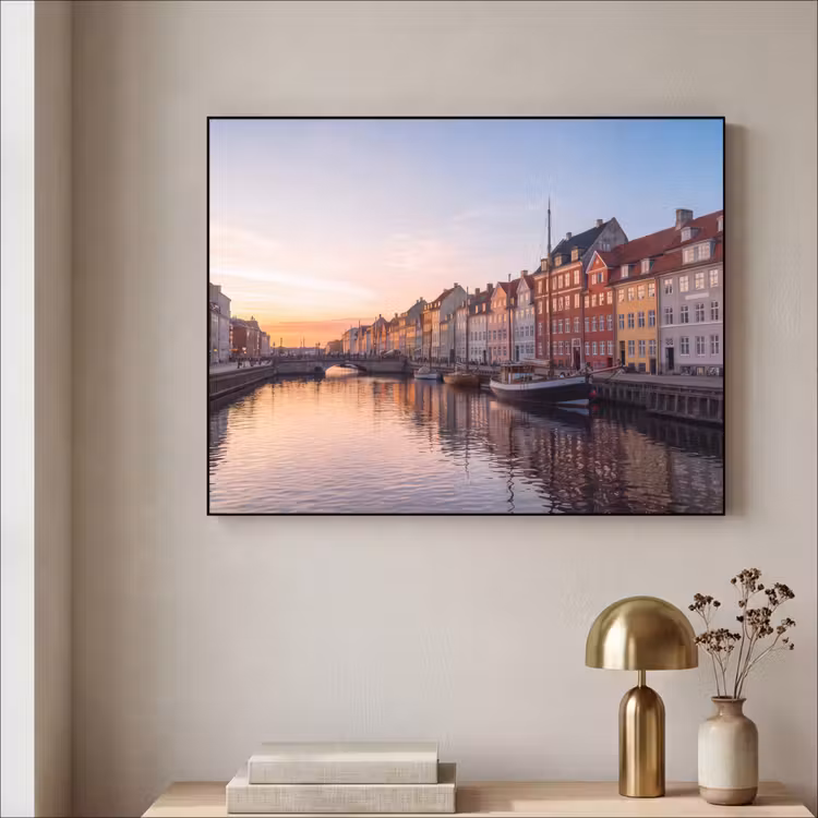Stad - Gracht - Zonsondergang - Klassiek - Kleurrijk Textielframe zwart klein -sfeer2
