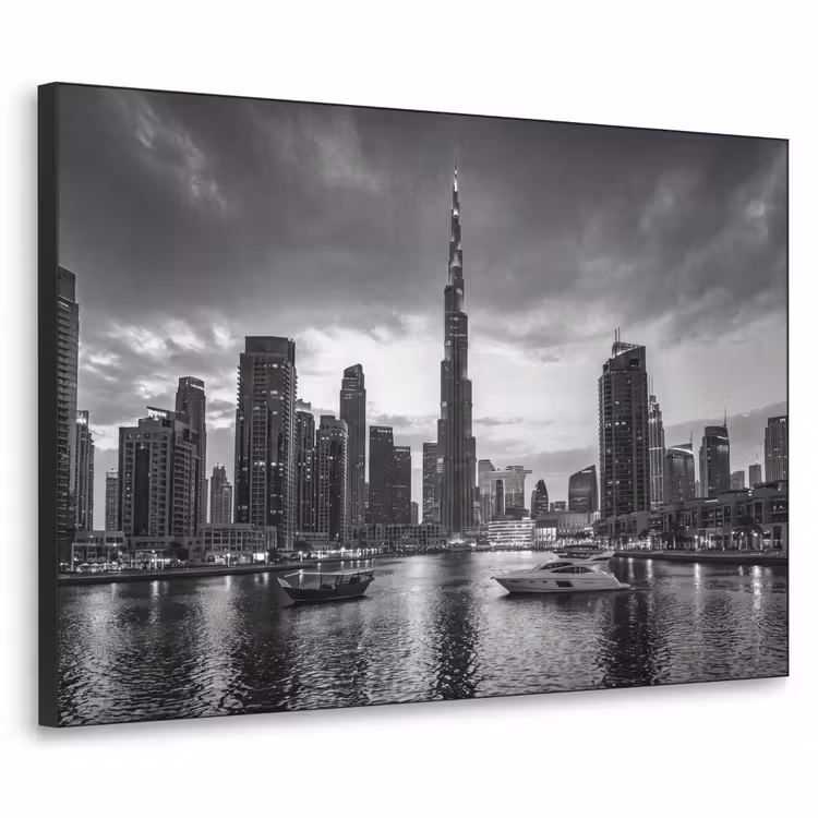 Stad - Skyline - Architectuur - Avond - Zwart-wit Textielframe zwart klein -3d