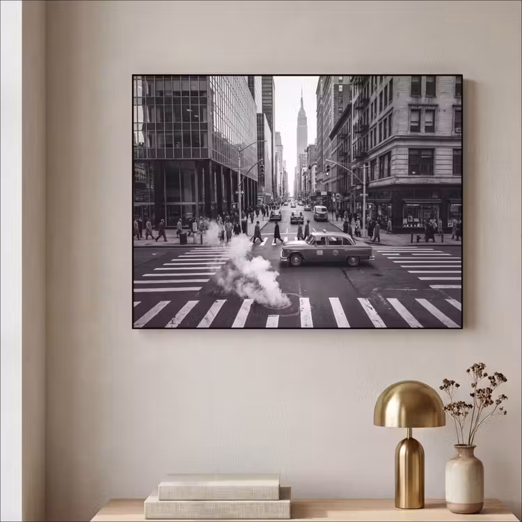 Stad - Straat - Gebouwen - Verkeer - Zwart-wit Textielframe zwart klein -sfeer2