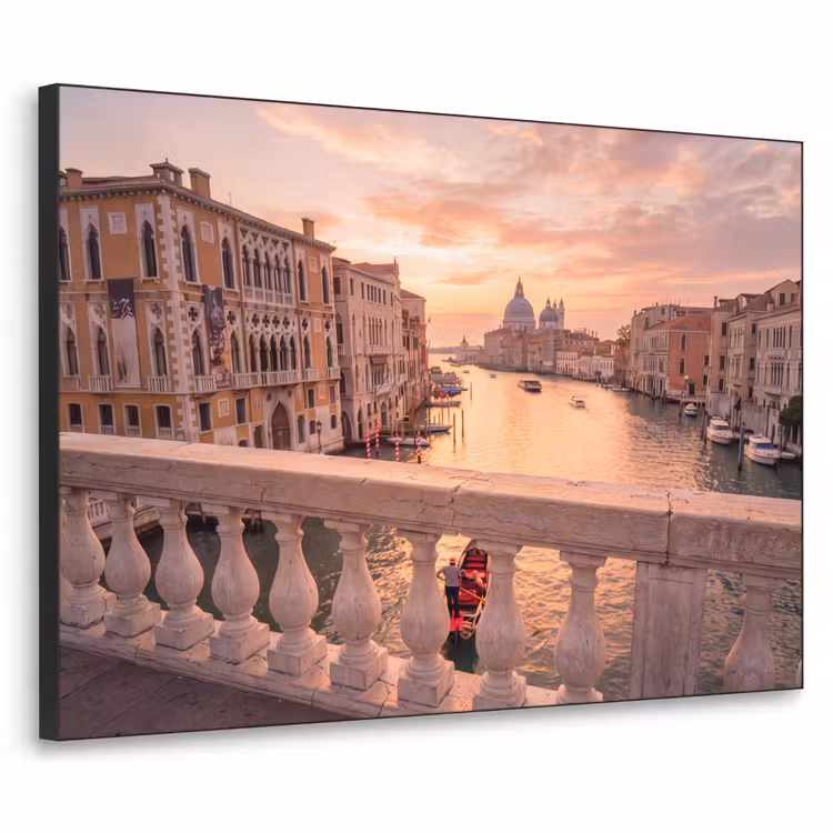 Stad - Venetië - Kanaal - Zonsopgang - Architectuur - Goud Textielframe zwart klein -3d