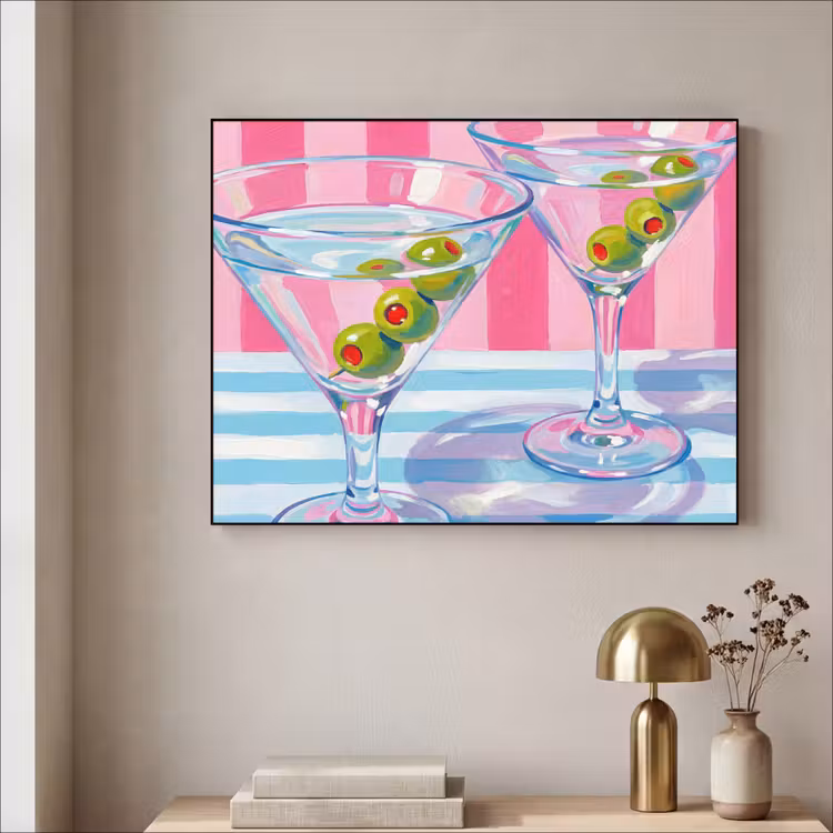 Cocktail - Olijven - Kunst - Modern - Roze Textielframe zwart klein -sfeer2