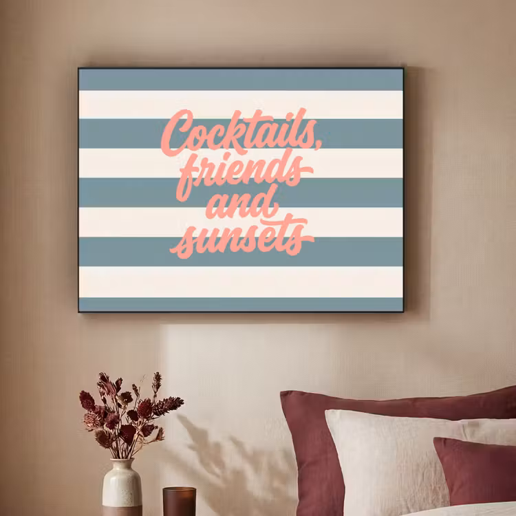 Cocktails - Strepen - Blauw - Koraal Textielframe zwart klein -sfeer1