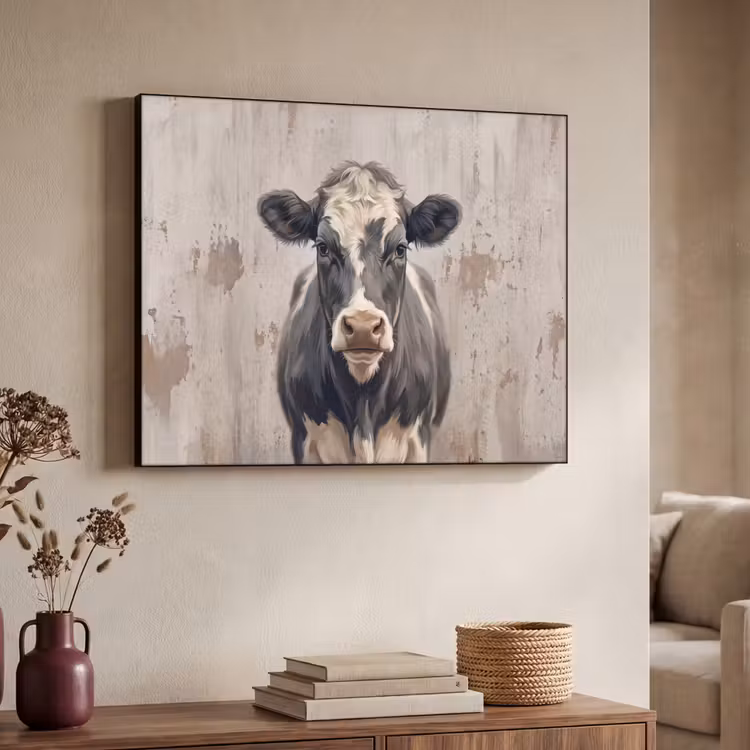 Koe - Portret - Dieren - Modern Textielframe zwart klein -sfeer3