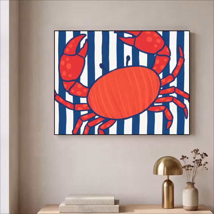 Krab - Strepen - Zeeleven - Illustratie - Rood Textielframe zwart klein -sfeer2
